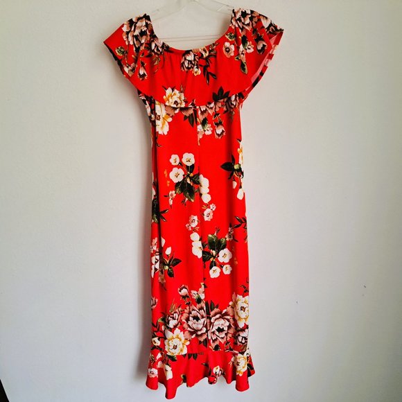 B Famous Juniors Floral Print Dress Size L Red Color Preowned Good Condition - Picture 3 of 9